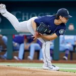 ARLINGTON, TX - AUGUST 1: Marco Gonzales #7 of the Seattle Mariners pitches against the Texas Rangers during the first inning at Globe Life Field on August 1, 2021 in Arlington, Texas. (Photo by Ron Jenkins/Getty Images)