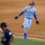 ARLINGTON, TX - AUGUST 1: Jonah Heim #28 of the Texas Rangers reacts after hitting a walk off solo home run to defeat the Seattle Mariners 4-3 at Globe Life Field on August 1, 2021 in Arlington, Texas. (Photo by Ron Jenkins/Getty Images)