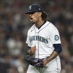 SEATTLE, WA -  AUGUST 14: Reliever Keynan Middleton #99 of the Seattle Mariners reacts after pitching the seventh inning of a game against the Toronto Blue Jays at T-Mobile Park on August 14, 2021 in Seattle, Washington. (Photo by Stephen Brashear/Getty Images)