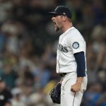 SEATTLE, WA -  AUGUST 14: Relief pitcher Anthony Misiewicz #38 of the Seattle Mariners celebrates after a game against the Toronto Blue Jays at T-Mobile Park on August 14, 2021 in Seattle, Washington. The Mariners won 9-3. (Photo by Stephen Brashear/Getty Images)