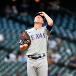 SEATTLE, WASHINGTON - AUGUST 10: Kolby Allard #39 of the Texas Rangers reacts during the fourth inning of the game against the Seattle Mariners at T-Mobile Park on August 10, 2021 in Seattle, Washington. (Photo by Alika Jenner/Getty Images)