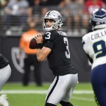 LAS VEGAS, NEVADA - AUGUST 14:  Quarterback Nathan Peterman #3 of the Las Vegas Raiders looks to throw against the Seattle Seahawks in a preseason game at Allegiant Stadium on August 14, 2021 in Las Vegas, Nevada. (Photo by Chris Unger/Getty Images)