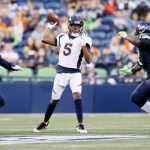 SEATTLE, WASHINGTON - AUGUST 21: Quarterback Teddy Bridgewater #5 of the Denver Broncos passes in the first half during an NFL preseason game against the Seattle Seahawks at Lumen Field on August 21, 2021 in Seattle, Washington. (Photo by Steph Chambers/Getty Images)