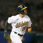 OAKLAND, CALIFORNIA - AUGUST 23: Matt Olson #28 of the Oakland Athletics rounds the bases after hitting a solo home run in the bottom of the sixth inning against the Seattle Mariners at RingCentral Coliseum on August 23, 2021 in Oakland, California. (Photo by Lachlan Cunningham/Getty Images)