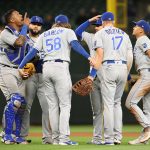 SEATTLE, WASHINGTON - AUGUST 26: The Kansas City Royals celebrate after defeating the Seattle Mariners 6-4 at T-Mobile Park on August 26, 2021 in Seattle, Washington. (Photo by Abbie Parr/Getty Images)