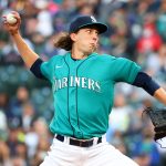 SEATTLE, WASHINGTON - AUGUST 27: Logan Gilbert #36 of the Seattle Mariners pitches in the first inning against the Kansas City Royals at T-Mobile Park on August 27, 2021 in Seattle, Washington. (Photo by Abbie Parr/Getty Images)