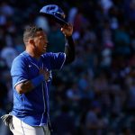 SEATTLE, WASHINGTON - AUGUST 28: Salvador Perez #13 of the Kansas City Royals celebrates his team's 4-2 win against the Seattle Mariners at T-Mobile Park on August 28, 2021 in Seattle, Washington. (Photo by Steph Chambers/Getty Images)