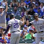 
              Colorado Rockies' C.J. Cron, left, celebrates with Sam Hilliard after hitting a solo home run in the second inning in the first baseball game of a doubleheader against the Chicago Cubs in Chicago, Wednesday, Aug. 25, 2021. (AP Photo/Nam Y. Huh)
            