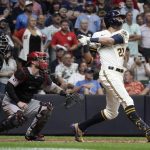 
              Milwaukee Brewers' Christian Yelich hits an RBI sacrifice fly during the seventh inning of a baseball game against the Cincinnati Reds Tuesday, Aug. 24, 2021, in Milwaukee. (AP Photo/Morry Gash)
            