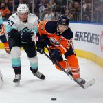 EDMONTON, AB - SEPTEMBER 28: Ryan Nugent-Hopkins #93 of the Edmonton Oilers skates against Morgan Geekie #67 of the Seattle Kraken during the second period in a preseason game at Rogers Place on September 28, 2021 in Edmonton, Canada. (Photo by Codie McLachlan/Getty Images)