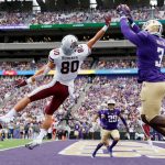 SEATTLE, WASHINGTON - SEPTEMBER 04: Jeremiah Martin #3 of the Washington Huskies cannot hang onto a pass intended for Mitch Roberts #80 of the Montana Grizzlies during the first quarter at Husky Stadium on September 04, 2021 in Seattle, Washington. (Photo by Steph Chambers/Getty Images)