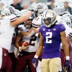 SEATTLE, WASHINGTON - SEPTEMBER 04: Camron Humphrey #2 of the Montana Grizzlies reacts after his touchdown against the Washington Huskies during the fourth quarter at Husky Stadium on September 04, 2021 in Seattle, Washington. (Photo by Steph Chambers/Getty Images)
