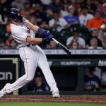 HOUSTON, TEXAS - SEPTEMBER 06: Jake Meyers #6 of the Houston Astros hits a three run home run in the second inning Mariners at Minute Maid Park on September 06, 2021 in Houston, Texas. (Photo by Bob Levey/Getty Images)