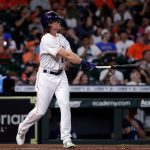 HOUSTON, TEXAS - SEPTEMBER 06: Jake Meyers #6 of the Houston Astros hits a three run home run in the second inning Mariners at Minute Maid Park on September 06, 2021 in Houston, Texas. (Photo by Bob Levey/Getty Images)