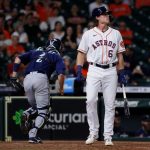 HOUSTON, TEXAS - SEPTEMBER 07: Jake Meyers #6 of the Houston Astros called out on strikes in the eighth inning against the Seattle Mariners at Minute Maid Park on September 07, 2021 in Houston, Texas. (Photo by Bob Levey/Getty Images)