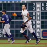 HOUSTON, TEXAS - SEPTEMBER 07: Carlos Correa #1 of the Houston Astros hits a walk-off double to beat the Seattle Mariners in the tenth inning at Minute Maid Park on September 07, 2021 in Houston, Texas. (Photo by Bob Levey/Getty Images)