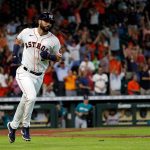 HOUSTON, TEXAS - SEPTEMBER 08: Marwin Gonzalez #9 of the Houston Astros hits a two run home runin the second inning Mariners at Minute Maid Park on September 08, 2021 in Houston, Texas. (Photo by Bob Levey/Getty Images)