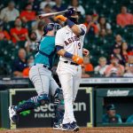 HOUSTON, TEXAS - SEPTEMBER 08: Marwin Gonzalez #9 of the Houston Astros strikes out to end the eighth inning against the Seattle Mariners at Minute Maid Park on September 08, 2021 in Houston, Texas. (Photo by Bob Levey/Getty Images)