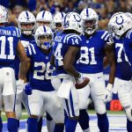 INDIANAPOLIS, INDIANA - SEPTEMBER 12: Zach Pascal #14 of the Indianapolis Colts celebrates with teammates during the second quarter after scoring a touchdown against the Seattle Seahawks at Lucas Oil Stadium on September 12, 2021 in Indianapolis, Indiana. (Photo by Justin Casterline/Getty Images)