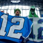 INDIANAPOLIS, INDIANA - SEPTEMBER 12: Fans of the Seattle Seahawks react during the game against the Indianapolis Colts at Lucas Oil Stadium on September 12, 2021 in Indianapolis, Indiana. (Photo by Michael Hickey/Getty Images)