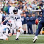 SEATTLE, WASHINGTON - SEPTEMBER 19: Kicker 
Randy Bullock #14 of the Tennessee Titans misses a FG during the third quarter in the game against the Seattle Seahawks at Lumen Field on September 19, 2021 in Seattle, Washington. (Photo by Steph Chambers/Getty Images)
