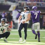 MINNEAPOLIS, MINNESOTA - SEPTEMBER 26: Jason Myers #5 of the Seattle Seahawks after missing a field goal during the second quarter in the game against the Minnesota Vikings at U.S. Bank Stadium on September 26, 2021 in Minneapolis, Minnesota. (Photo by David Berding/Getty Images)