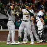 SEATTLE, WASHINGTON - SEPTEMBER 27: Seth Brown #15 of the Oakland Athletics celebrates with Matt Olson #28 and Mark Canha #20  after hitting a home run during the first inning against the Seattle Mariners at T-Mobile Park on September 27, 2021 in Seattle, Washington. (Photo by Alika Jenner/Getty Images)
