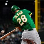 SEATTLE, WASHINGTON - SEPTEMBER 29: Matt Olson #28 of the Oakland Athletics swings at a pitch during the first inning against the Seattle Mariners at T-Mobile Park on September 29, 2021 in Seattle, Washington. (Photo by Alika Jenner/Getty Images)