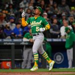 SEATTLE, WASHINGTON - SEPTEMBER 29: Tony Kemp #5 of the Oakland Athletics celebrates his solo home run in the sixth inning against the Seattle Mariners at T-Mobile Park on September 29, 2021 in Seattle, Washington. (Photo by Alika Jenner/Getty Images)