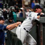 SEATTLE, WASHINGTON - SEPTEMBER 29: Tom Murphy #2 of the Seattle Mariners stuffs ice into the pants of Drew Steckenrider #16 after the game against the Oakland Athletics at T-Mobile Park on September 29, 2021 in Seattle, Washington. The Mariners won 4-2. (Photo by Alika Jenner/Getty Images)