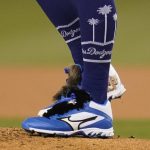 
              Los Angeles Dodgers starting pitcher Tony Gonsolin (26) wears shoes with fur and a picture of a cat during the first inning of a baseball game against the San Diego Padres Thursday, Sept. 30, 2021, in Los Angeles. (AP Photo/Ashley Landis)
            