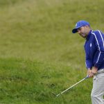 
              Team Europe's Sergio Garcia hits to the 11th green during a practice day at the Ryder Cup at the Whistling Straits Golf Course Tuesday, Sept. 21, 2021, in Sheboygan, Wis. (AP Photo/Jeff Roberson)
            