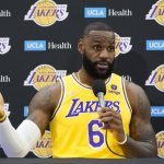 
              Los Angeles Lakers forward LeBron James fields questions during the NBA basketball team's Media Day Tuesday, Sept. 28, 2021, in El Segundo, Calif. (AP Photo/Marcio Jose Sanchez)
            