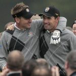 
              FILE - Europe's Ian Poulter, left, and Padraig Harrington react during a practice round at the 2010 Ryder Cup golf tournament in Newport, Wales, in this Tuesday, Sept. 28, 2010, file photo. Poulter comes into the seventh Ryder Cup of his career ranked 50th, the worst standing of any of the 24 players who will tee it up beginning Friday, Sept. 24, 2021. But there was never a hint of doubt that Padraig Harrington would use one of his captain's picks to make sure the 45-year-old Englishman, an avid Arsenal fan who is also a sports car collector, would be on the team. (AP Photo/Matt Dunham, File)
            