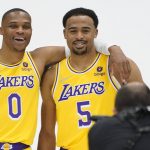 
              Los Angeles Lakers guard Russell Westbrook, left, takes a photo with Talen Horton-Tucker (5) during the NBA basketball team's Media Day Tuesday, Sept. 28, 2021, in El Segundo, Calif. (AP Photo/Marcio Jose Sanchez)
            