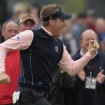 
              FILE - Europe's Ian Poulter reacts on the 14th hole during a practice round prior to the 2010 Ryder Cup golf tournament at the Celtic Manor golf course in Newport, Wales, in this Thursday, Sept. 30, 2010, file photo. (AP Photo/Matt Dunham, File)
            