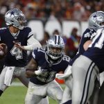 
              Dallas Cowboys quarterback Dak Prescott (4) looks to pass against the Tampa Bay Buccaneers during the first half of an NFL football game Thursday, Sept. 9, 2021, in Tampa, Fla. (AP Photo/Scott Audette)
            