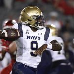 
              Navy quarterback Maasai Maynor (9) attempts to throw a pass during the second half of an NCAA college football game against Houston, Saturday, Sept. 25, 2021, in Houston. (AP Photo/Justin Rex)
            
