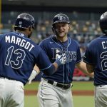 
              Tampa Bay Rays' Austin Meadows celebrates his three-run home run with Randy Arozarena (56), Manuel Margot (13) and Ji-Man Choi (26) off Toronto Blue Jays relief pitcher Ross Stripling during the third inning of a baseball game Wednesday, Sept. 22, 2021, in St. Petersburg, Fla. (AP Photo/Chris O'Meara)
            