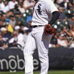 
              Chicago White Sox starting pitcher Reynaldo Lopez looks down as he kicks the mound during the fourth inning of a baseball game against the Los Angeles Angels in Chicago, Thursday, Sept. 16, 2021. (AP Photo/Nam Y. Huh)
            