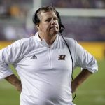 
              Central Michigan coach Jim McElwain watches from the sideline during the second half of the team's NCAA college football game against LSU in Baton Rouge, La,. Saturday, Sept. 18, 2021. (AP Photo/Derick Hingle)
            