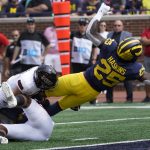 
              Michigan running back Hassan Haskins (25) dives into the end zone for a five-yard touchdown run against Northern Illinois in the first half of a NCAA college football game in Ann Arbor, Mich., Saturday, Sept. 18, 2021. (AP Photo/Paul Sancya)
            