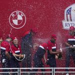 
              Team USA celebrates at the closing ceremony after winning the Ryder Cup at the Whistling Straits Golf Course Sunday, Sept. 26, 2021, in Sheboygan, Wis. (AP Photo/Jeff Roberson)
            