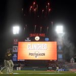 
              Fireworks go off behind the scoreboard at Oracle Park after the San Francisco Giants defeated the San Diego Padres in a baseball game to clinch a postseason berth in San Francisco, Monday, Sept. 13, 2021. (AP Photo/Jeff Chiu)
            