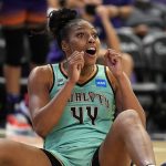 
              New York Liberty guard/forward Betnijah Laney reacts after getting called for a foul against the Phoenix Mercury during the second half in the first round of the WNBA basketball playoffs, Thursday, Sept. 23, 2021, in Phoenix. Phoenix won 83-82. (AP Photo/Rick Scuteri)
            