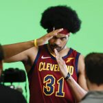 
              Cleveland Cavaliers' Jarrett Allen does a video shoot during the NBA basketball team's media day, Monday, Sept. 27, 2021, in Independence, Ohio. (AP Photo/Ron Schwane)
            
