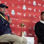 
              Team USA captain Steve Stricker and Team Europe captain Padraig Harrington answer questions at a new conference for the Ryder Cup at the Whistling Straits Golf Course Monday, Sept. 20, 2021, in Sheboygan, Wis. (AP Photo/Morry Gash)
            