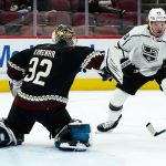 
              Arizona Coyotes goaltender Josef Korenar (32) makes a save on a shot from Los Angeles Kings left wing Brendan Lemieux (48) during the first period of a preseason NHL hockey game Monday, Sept. 27, 2021, in Glendale, Ariz. (AP Photo/Ross D. Franklin)
            