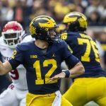 
              Michigan quarterback Cade McNamara (12) throws a pass in the second quarter of an NCAA college football game against Rutgers in Ann Arbor, Mich., Saturday, Sept. 25, 2021. (AP Photo/Tony Ding)
            