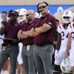
              Virginia Tech head coach Justin Fuentes stands on the sideline in the second half of an NCAA college football game against Middle Tennessee, Saturday, Sept. 11, 2021, in Blacksburg Va. (AP Photo/Matt Gentry)
            